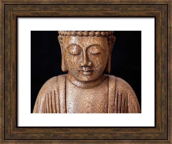Fine art photography of the Buddha with thick brown wooden frame.