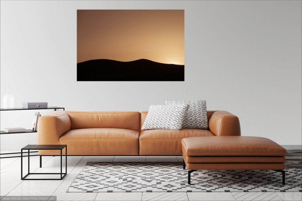 Minimalist landscape fine art photography print - living room example.