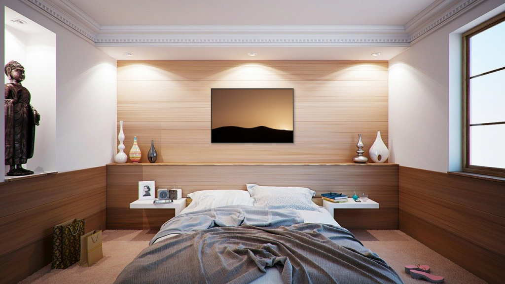 Visualization of minimalist landscape photography print (102 cm x 67 cm) in the bed room. Thin black wooden frame, semi-matte photo paper.