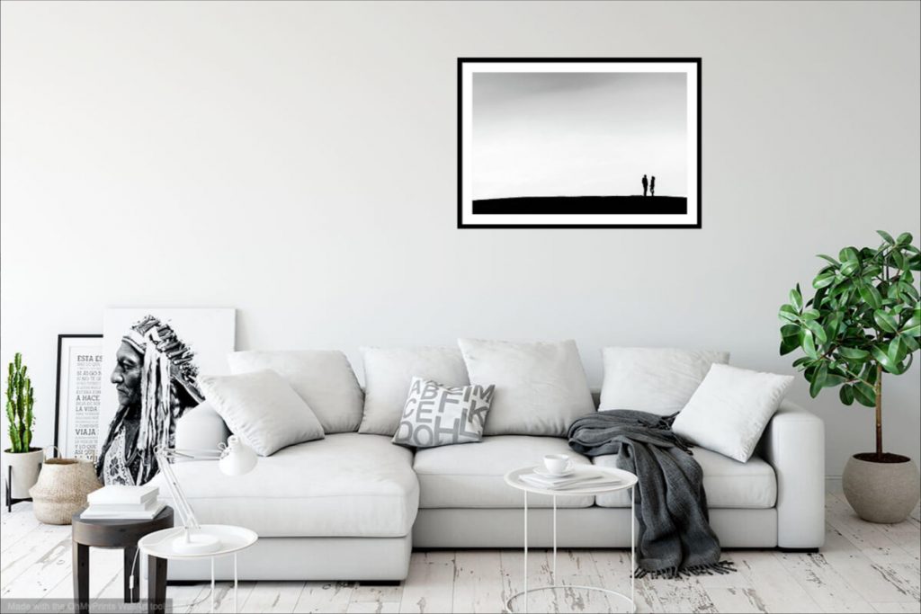 Large black&white landscape photography print (102 cm x 67 cm) with black wooden frame (satin finish style) and white mat. Printed on luster photo paper. Art visualization in modern bright living room.