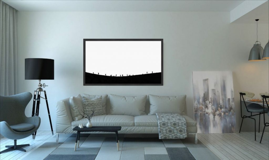 Visualization of large 152 cm x 86 cm framed print in the living room. Black wooden frame with matte finish, without mat, printed on archival matte paper.