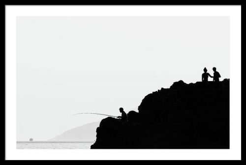 Minimalist photography of silhouettes on the rock above the sea Framed Print, Framed Landscapes, Minimalist photography of silhouettes on the rock above the sea Framed Print