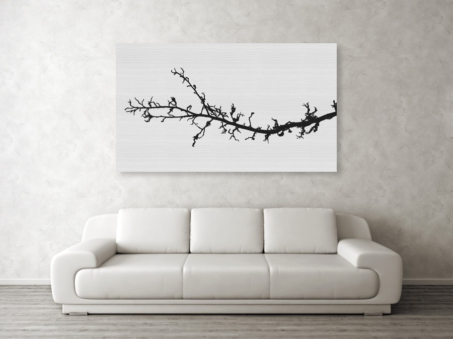 See how significantly the look of the living room changes when you choose light instead of a dark photo (see visualization above). It is impossible to say which variant is nicer, it is a matter of taste. But you need to think about it before buying. This minimalist black and white image of the silhouette of a branch on a white background is printed on a maple board measuring 152 x 89 cm.