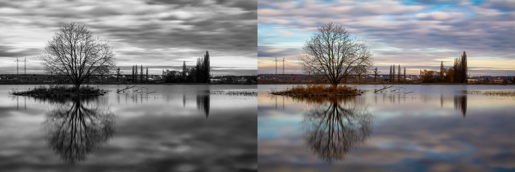 Comparison of black and white and color landscape photography