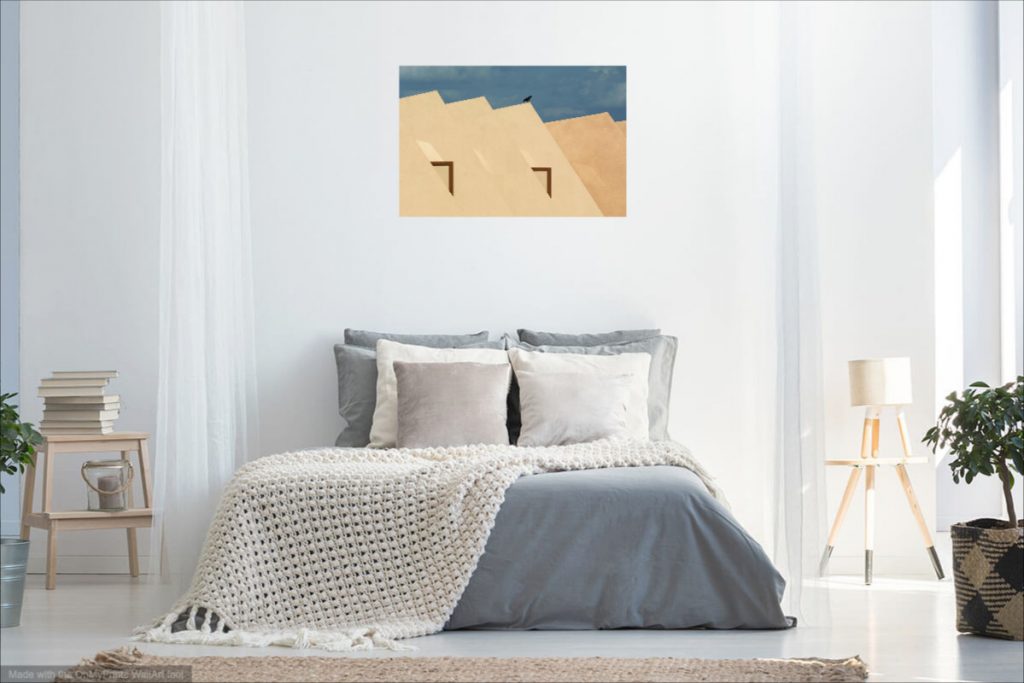 Bedroom wall art visualisation. Minimalist architectural photography called "Desert House" by Martin Vorel.