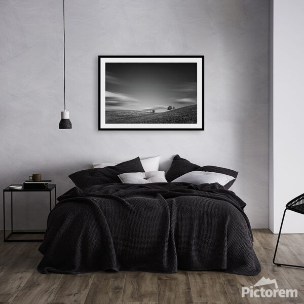 Visualization of a framed photograph "Hilly B&W Landscape in Bohemian Paradise" in interior.