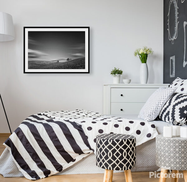 Visualization of a framed photograph "Hilly B&W Landscape in Bohemian Paradise" in interior.