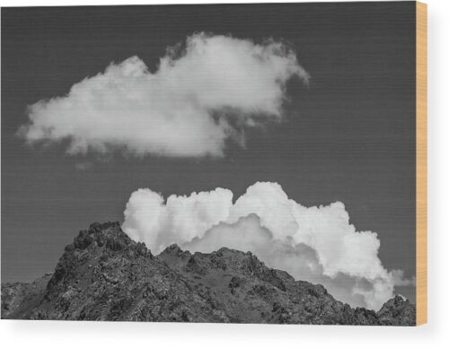 Mountain and clouds in Mongolia B&W photograph - Wood print for sale, Landscape Wood Prints, black-and-white-clouds-over-the-rock-wood-print