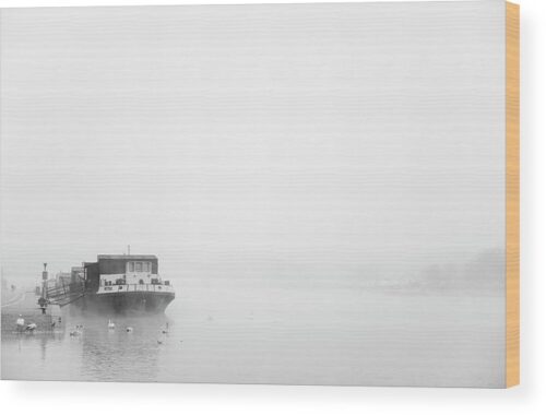 Boat on a foggy river in Prague photograph - Wood print for sale, Wood Prints, boat-on-a-foggy-river-in-prague-wood-print