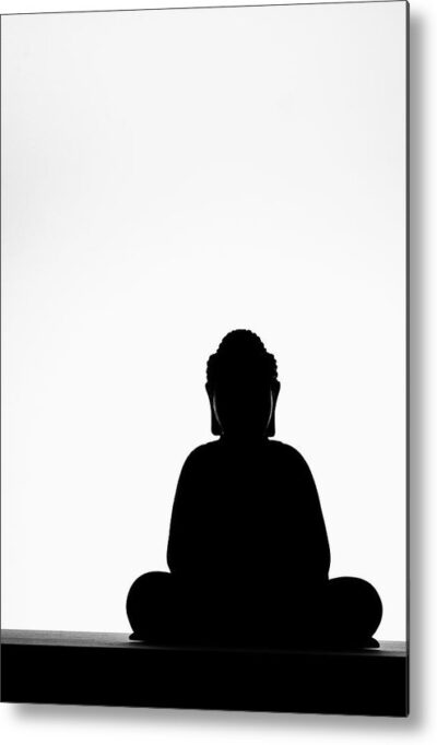 , Metal Prints, the-buddha-in-meditation-vertical-black-and-white-minimalist-photography-metal-print
