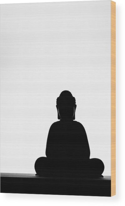 The Buddha - Vertical B&W photograph - Wood print for sale, Wood Prints, the-buddha-in-meditation-vertical-black-and-white-minimalist-photography-wood-print