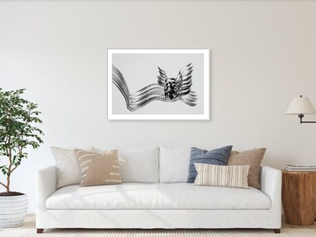 Black and white grapevine photograph displayed on a wall in a modern minimalist interior - Abstract