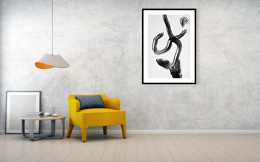Minimalist abstract black and white wall art print displayed in a calm modern interior