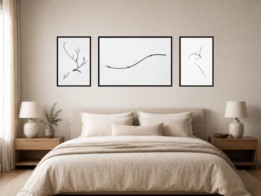 Sets of 3 Photography Prints Set of 3 botanical photos on the wall calm and modern bedroom.