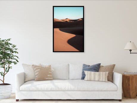 Sahara Dunes Landscape in Morocco - fine art print in a minimalist living room above a white sofa