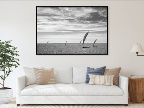 Consciousness Land Art Sculpture Gobi II. - fine art print in a minimalist living room above a white sofa - Desert