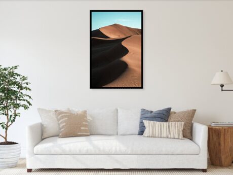 Sahara Sand Dunes, Morocco - fine art print in a minimalist living room above a white sofa